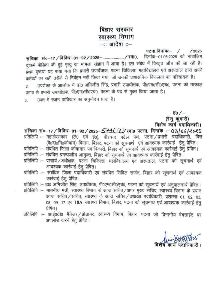 पीएमसीएच में बड़ा एक्शन, दुष्कर्म पीड़िता की मौत मामले में डॉ. अभिजीत सिंह दोषी, पद से हटाए गए 9 image editor output image 2092177570 17489545670167447533112126262467 पीएमसीएच में बड़ा एक्शन, दुष्कर्म पीड़िता की मौत मामले में डॉ. अभिजीत सिंह दोषी, पद से हटाए गए