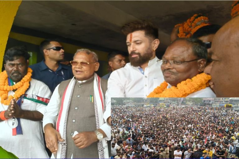 20251103 1807077375663800812834278 फतेहपुर में एनडीए प्रत्याशी के समर्थन में चिराग पासवान और जीतन राम मांझी की संयुक्त सभा, विपक्ष पर साधा निशाना